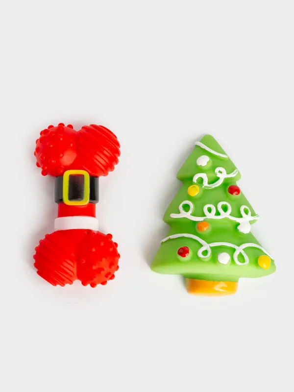 Dog toy set, 10 cm, 2 pcs, with squeaker, Rubber, Red / Green, Bone and Christmas Tree, Christmas pet, image-0