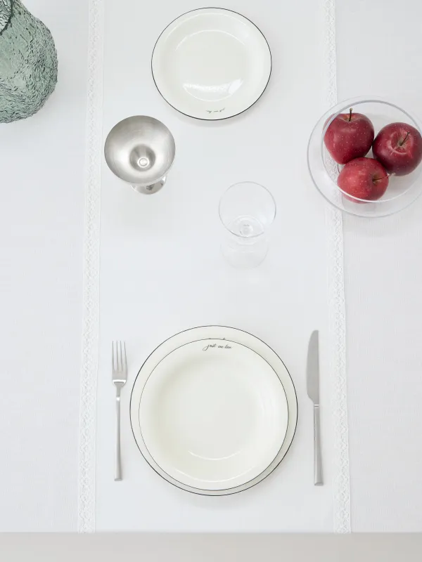 Table runner, 40x160 cm, with PU coating, polyester/viscose/linen, white, Lace, Comely lace, image-5