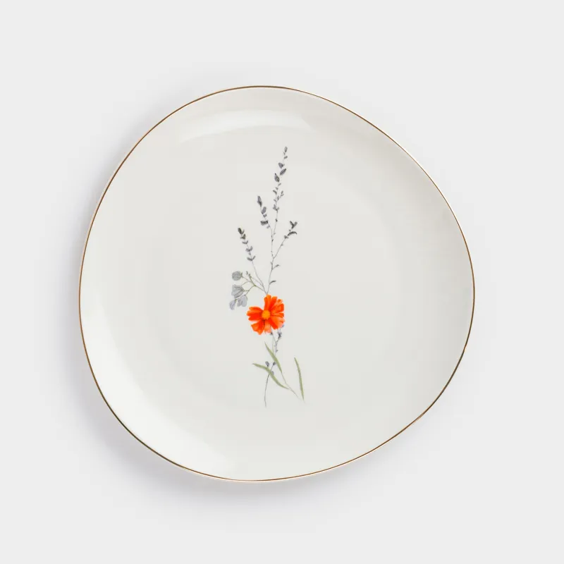 Snack plate, 21 cm, porcelain N, white, with golden edging, wildflowers, Yarrow