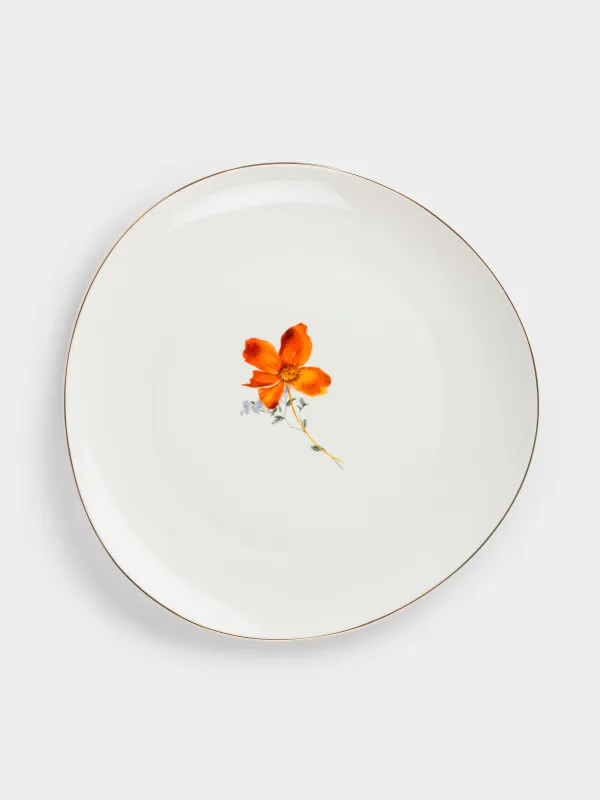 Dinner plate, 28 cm, porcelain N, white, with golden edging, wildflowers, Yarrow, image-0