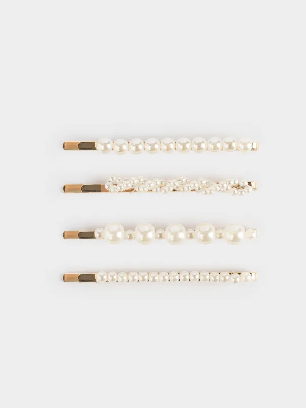 Hair clip set, 7 cm, 4 pcs, metal / plastic, milky, Beads, Pearl, image-0