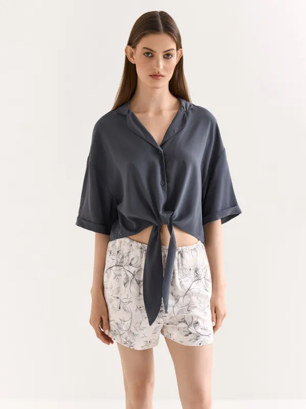 Women's shirt, homewear, size S, with short sleeves, viscose, milky, Flowers, Janice, image-0