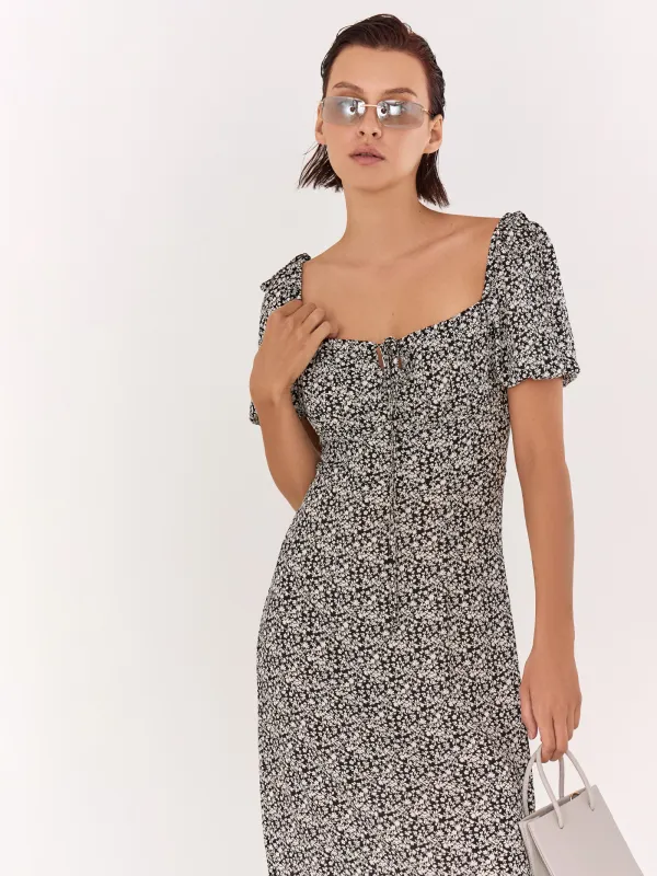 Women's dress, midi, size S, with short sleeves, with a slit, viscose, dark blue, Flowers, Drina, image-1