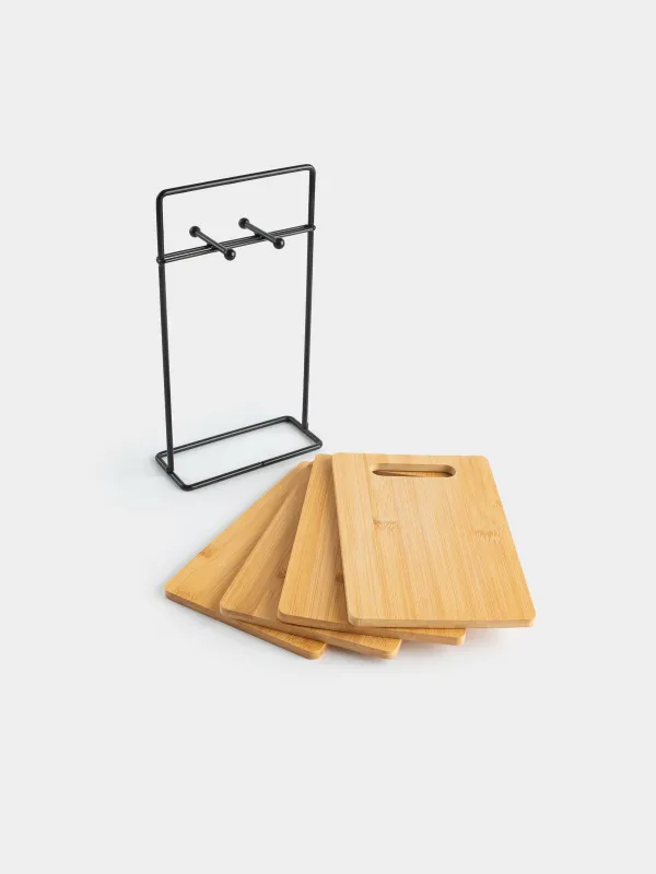 Cutting board, 22x14 cm, 4 pcs, on a stand, bamboo / steel, rectangular, Bamboo, image-1