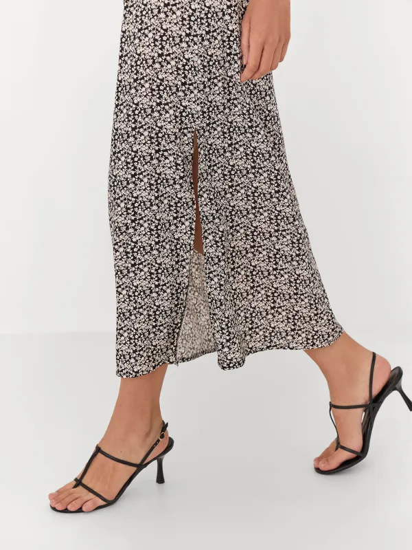 Women's dress, midi, size S, with short sleeves, with a slit, viscose, dark blue, Flowers, Drina, image-3