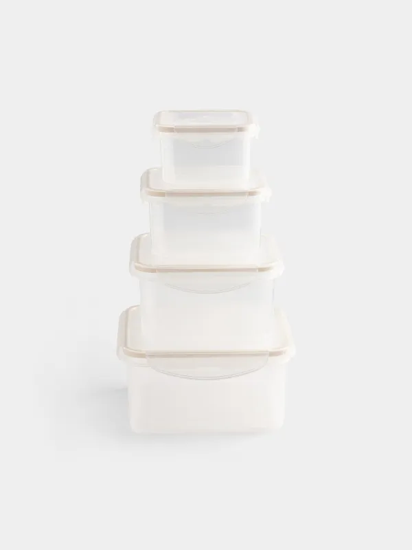 Container set, 4 pcs, with clips, plastic / silicone, Square, Beige, Roomy clip, image-0