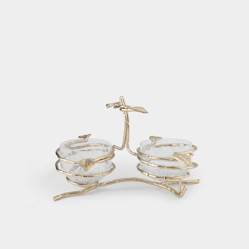 Snack stand, 26x16 cm, 2 pr, on stand, with handle, glass / metal, Branches, Fantastic gold