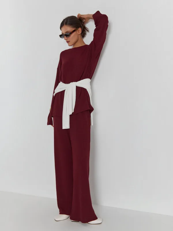 Women's trousers, homewear, size S, polyester / viscose, burgundy, Naila, image-0