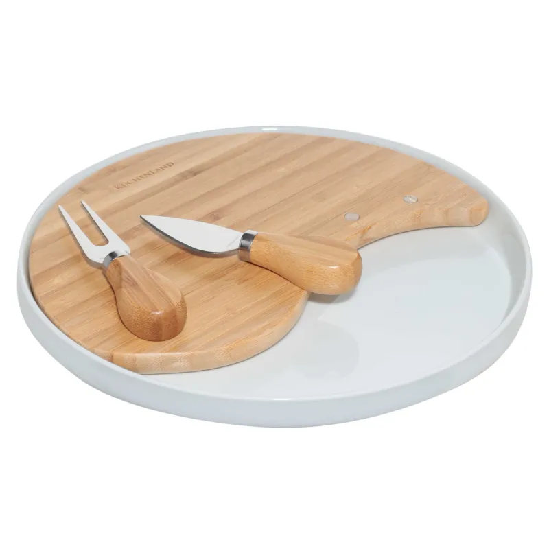 Cheese set, 4 items, dish-board on stand, ceramic / Bamboo, Circle, Cheese