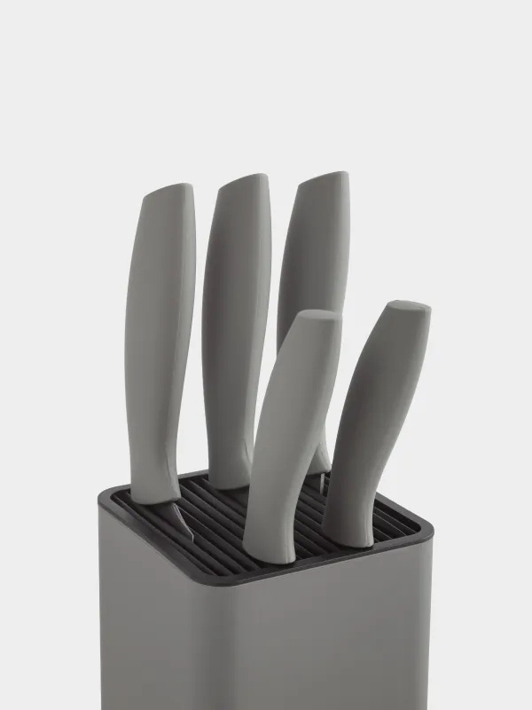Knife set, 5 pr, in stand, steel / plastic, grey, Grey steel, image-1