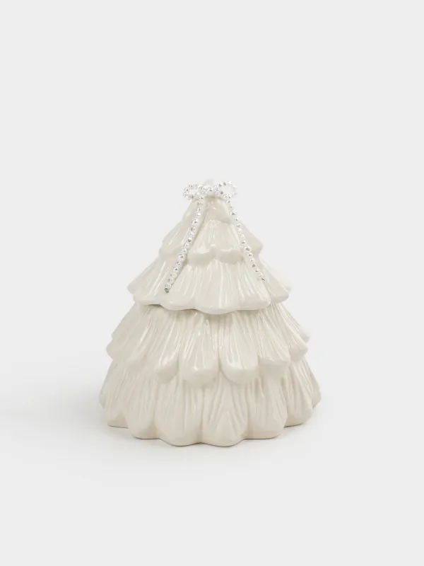 Storage container, 16x16 cm, 650 ml, ceramic / beads, milky, Spruce with bow, Pearl Antarctica, image-0