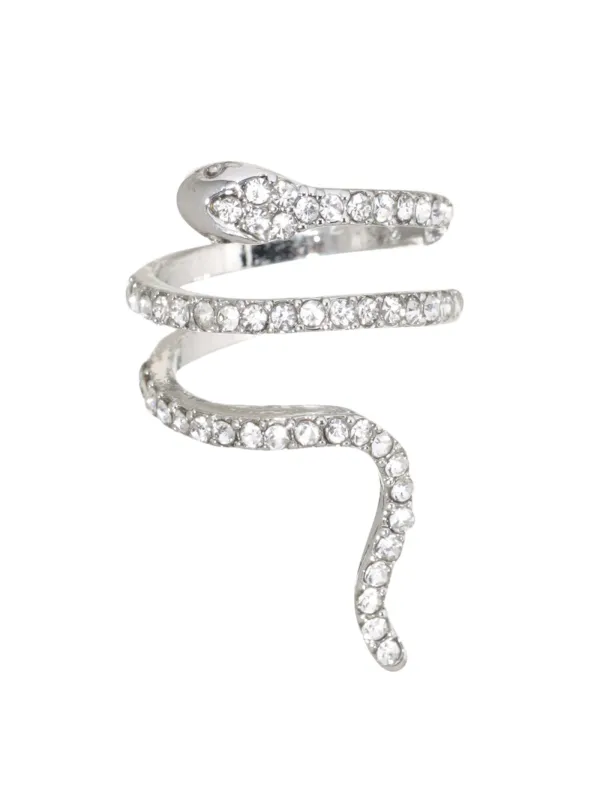 Ring, Size S-M, single size, Metal / rhinestones, Silver, Snake, Jewelry crystal, image-0