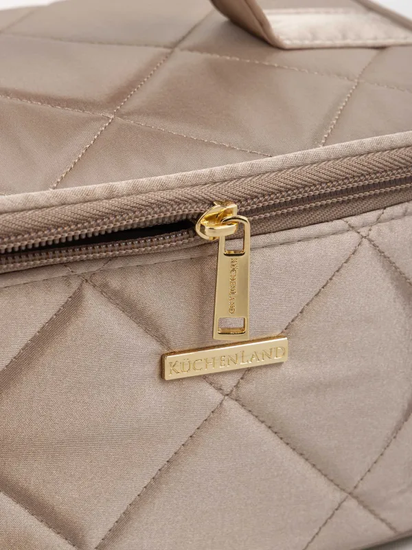 Makeup bag, 23x13 cm, quilted, with handle, satin, beige, Quilted silk, image-5