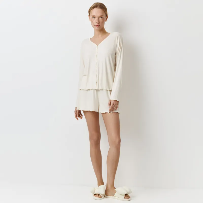 Women's shorts, homewear, size L, with ruffles, modal/spandex, milky, Rosemary