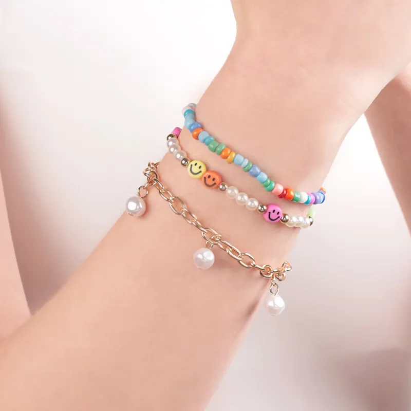A bracelet, 18/20 cm, 3 pcs, plastic / metal, mix, emoticons and pearls, Pearl color, image-0