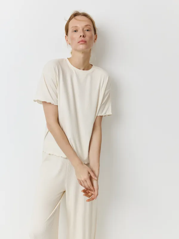 Women's T-shirt, homewear, size S, ruffle, modal / spandex, milky, Rosemary, image-1