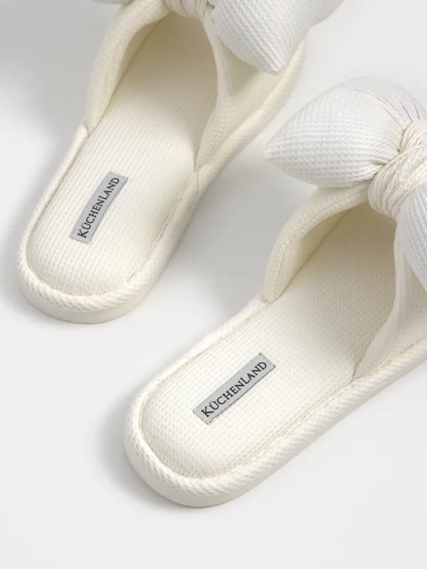 Women's slippers, homewear, size 36-37, polyester, milky, Bow, Extensive bow, image-2