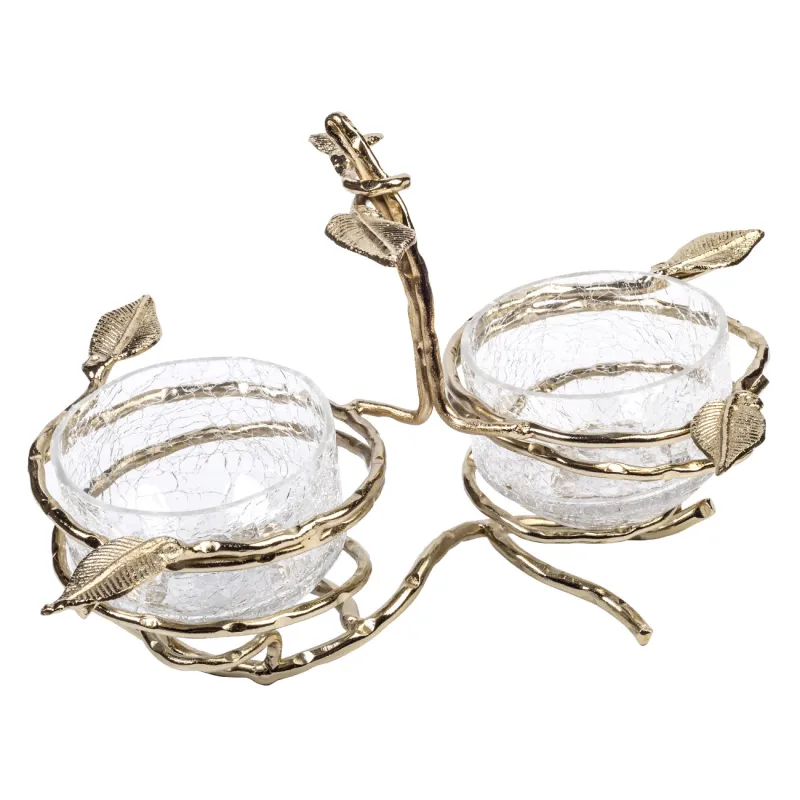 Snack stand, 26x16 cm, 2 pr, on stand, with handle, glass / metal, Branches, Fantastic gold, image-1