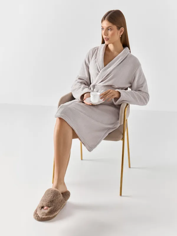 Women's robe, homewear, size S/M, with long sleeves, polyester, grey, Drew, image-7