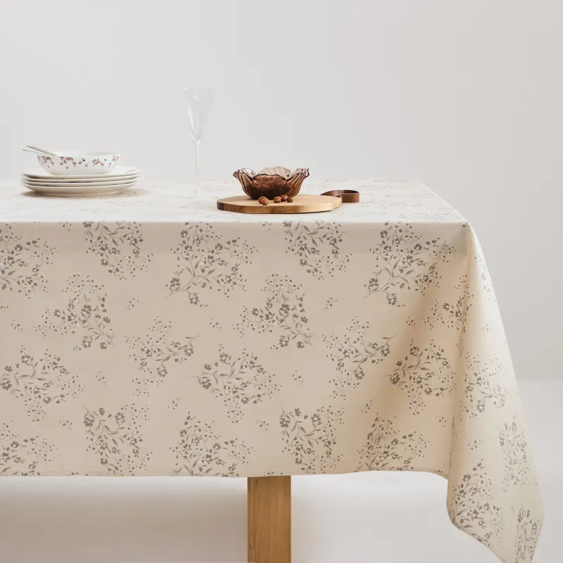 Tablecloth, 160x160 cm, PU coated, polyester / viscose / linen, beige, Branches with flowers, Branches