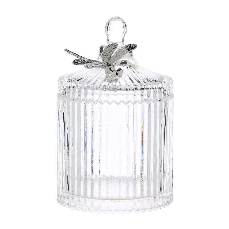 Candy bowl, 17x10 cm, 550 ml, with lid, glass R / metal, Silver dragonfly, Selene, image-0