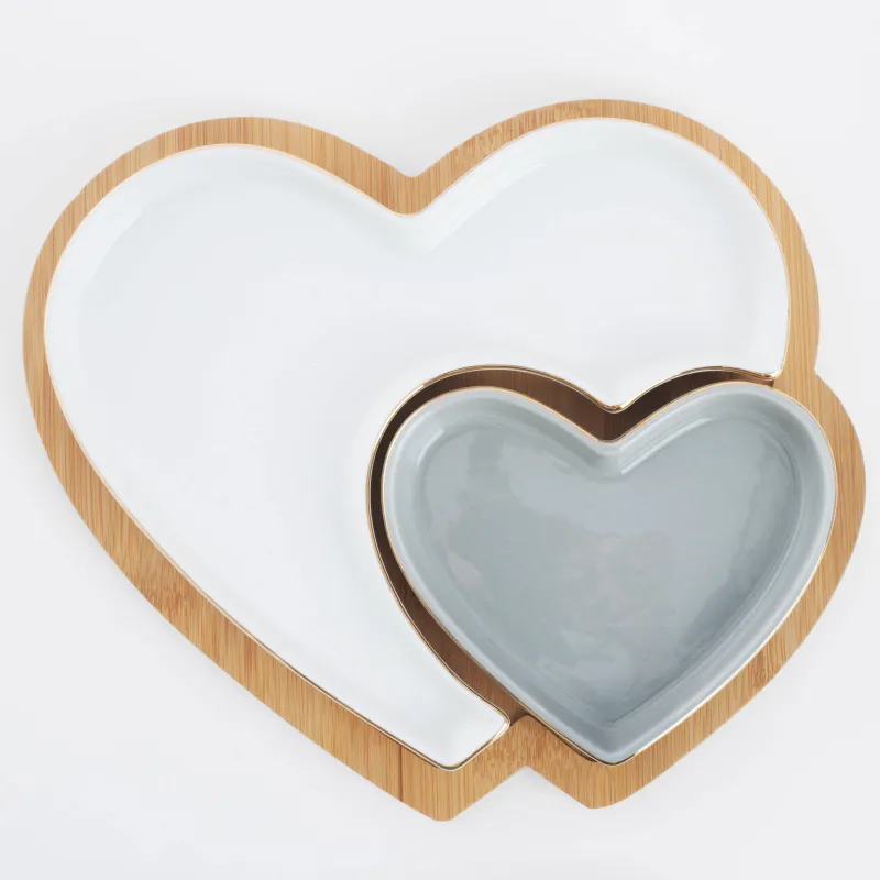 Snack set, 26x22 cm, 2 compartments, collapsible, on a stand, porcelain P / bamboo, white / grey, Heart, image-3