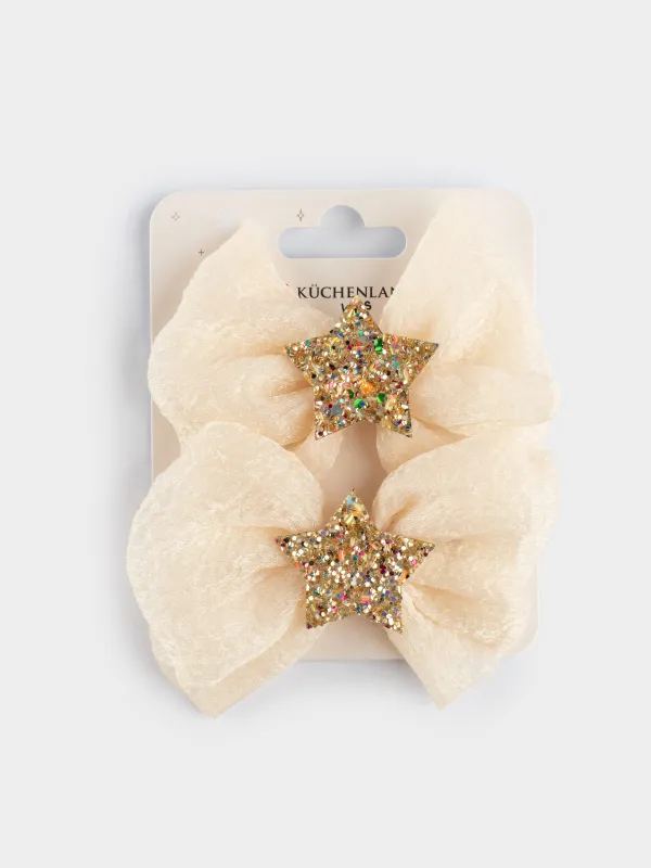 Hair clip, 6 cm, 2 pcs, children's, Polyester / metal, milky, Star, Hairstyle, image-4