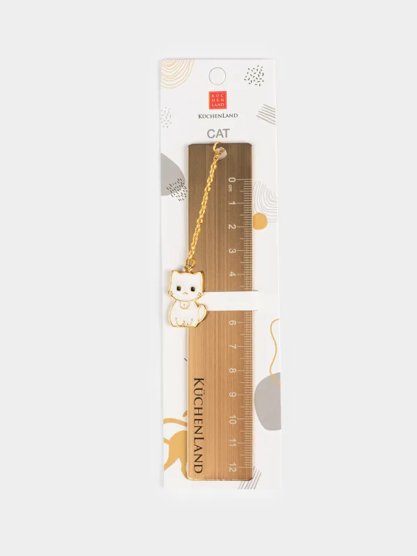 Ruler, 12 cm, with pendant, steel, golden, Kitten, Cat, image-3