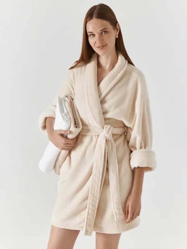 Bathrobe for women, homewear, size L / XL, with long sleeves, fleece, milk, Letisha, image-1