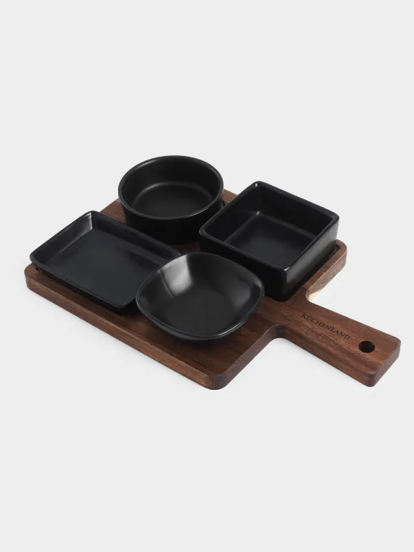 Snack set, 4 items, on a stand, ceramic / wood, black, Shape geometry, Black style , image-1