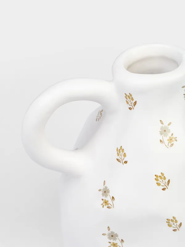 Oil or vinegar container, 350 ml, with handle, ceramic / cork, milky, Vintage flowers, La flore, image-2