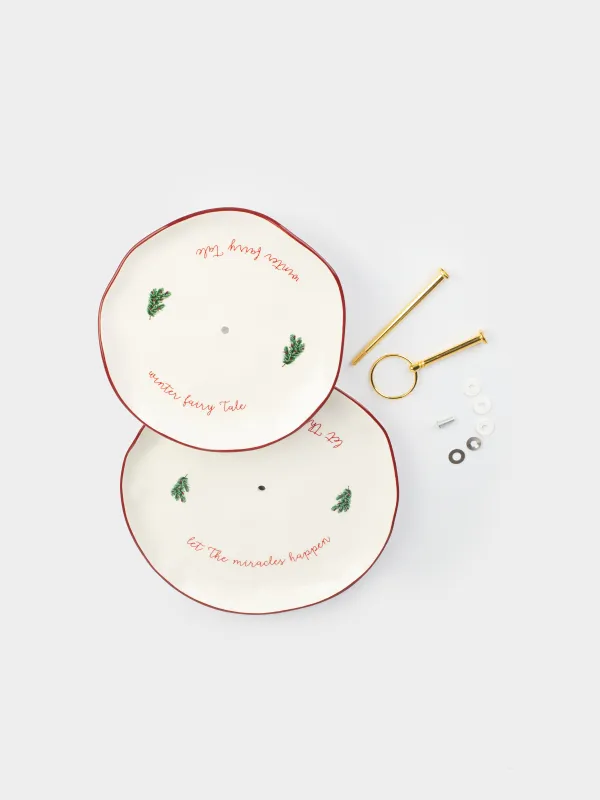 Cake stand, 25x21 / 26 cm, 2 tiers, ceramic / metal, Christmas tree and horse, Christmas tree, image-5