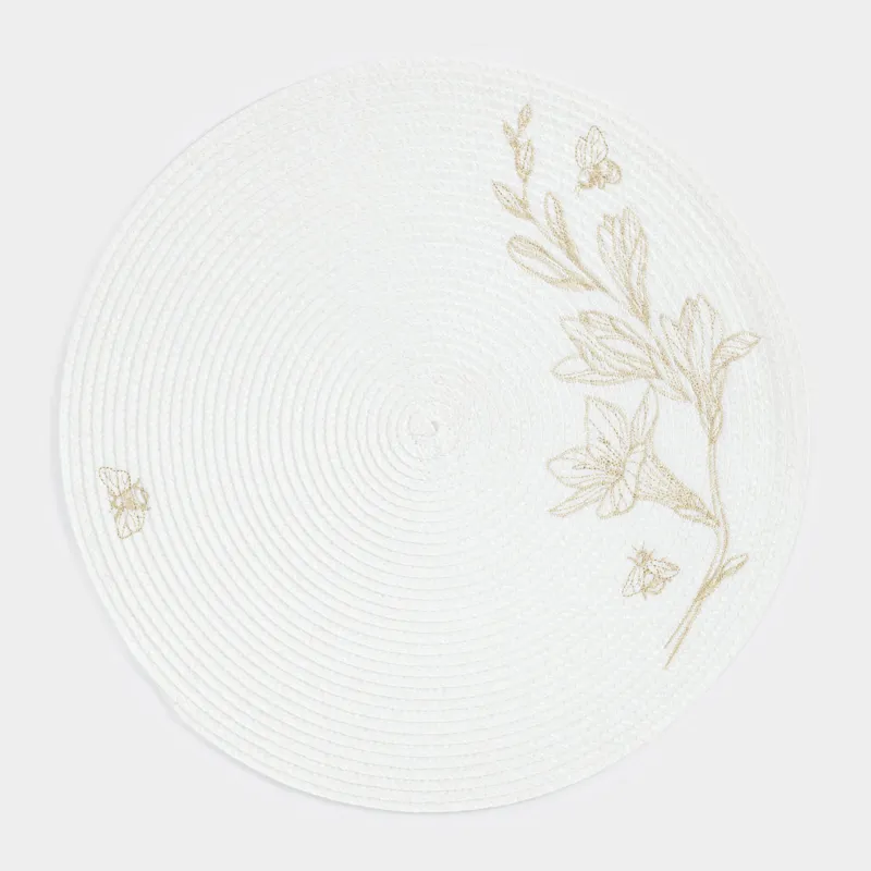 Placemat, 38 cm, polypropylene/PET, Round, Light grey, Flowers, Circle embroidery