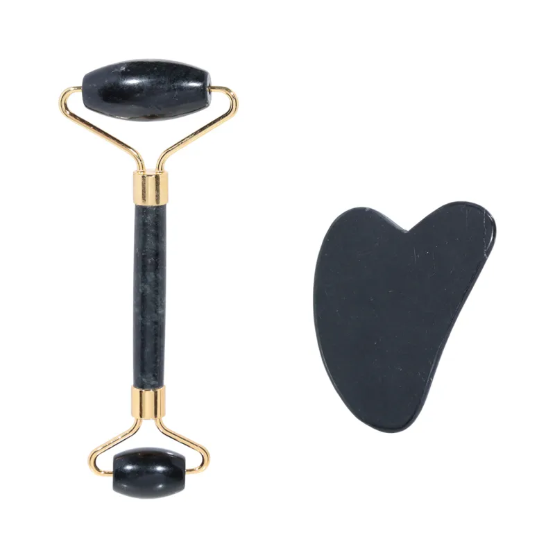 Cosmetic set, 2 items. Package contents: roller facial massager-1 pc; gua sha stone-1 pc. Size: roller-14 cm; gouache stone-8x7 cm. Material: jade, metal., image-0