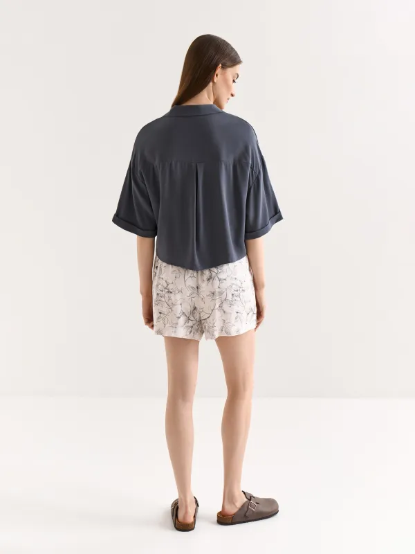 Women's shirt, homewear, size S, with short sleeves, viscose, milky, Flowers, Janice, image-5