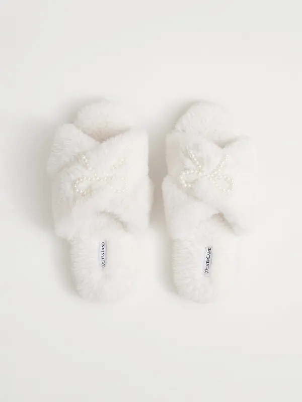 Women's slippers, homewear, size 36-37, artificial fur, white, Bow, Tape, image-1