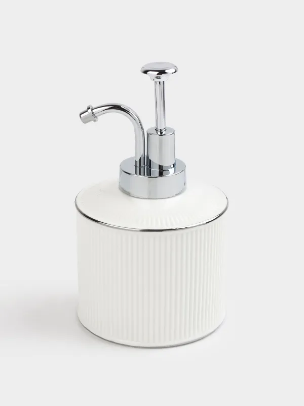 Liquid soap dispenser, 370 ml, ceramic / plastic, white, with silver edging, Kaliopa, image-1