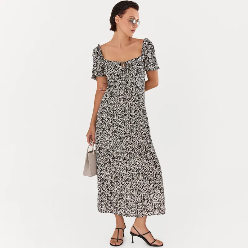 Women's dress, midi, size L, with short sleeves, with a slit, viscose, dark blue, Flowers, Drina