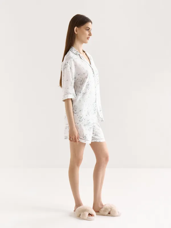 Women's shirt, homewear, size S, with short sleeves, viscose, milky, Flowers, Arsinoa, image-3