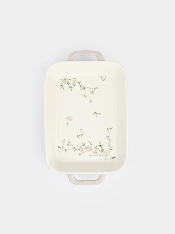Baking dish, 34x25 cm, ceramic, rectangular, milky beige, Flowers, Florin, image-3