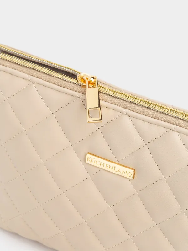 Cosmetic bag, 26x13 cm, quilted, polyurethane, beige, Quilted, image-3