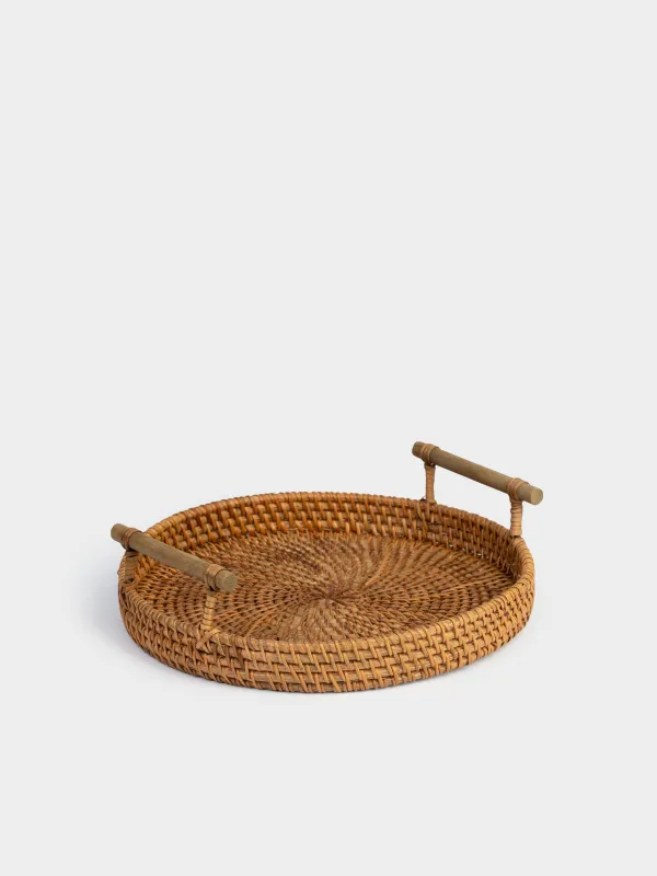 Tray, 24 cm, wicker, with handles, rattan / wood, round, Eco home, image-1