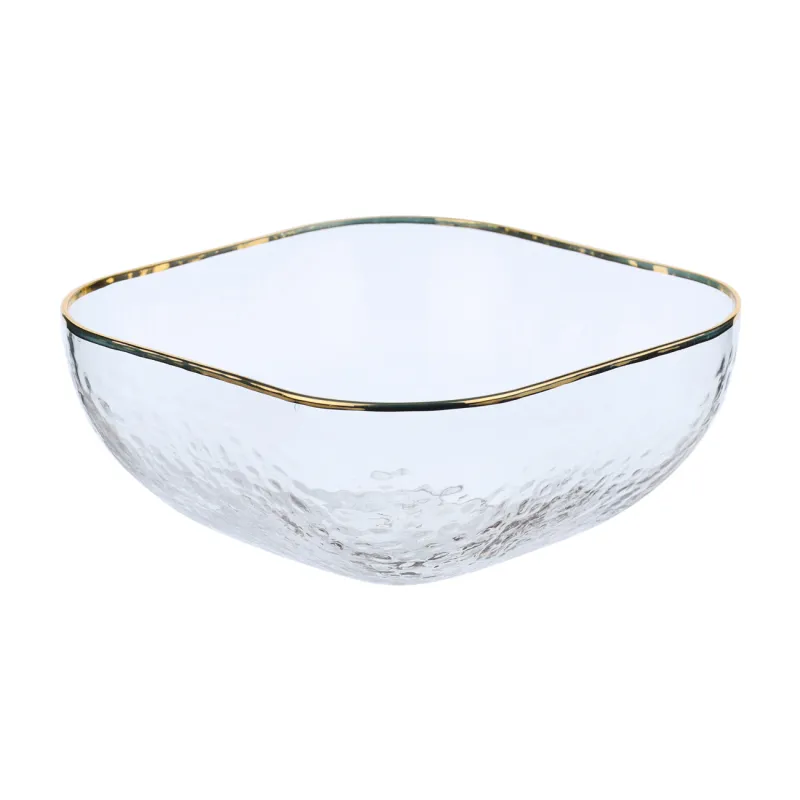 Salad bowl, 13x5 cm, glass, square, with golden edging, Ripply gold, image-1