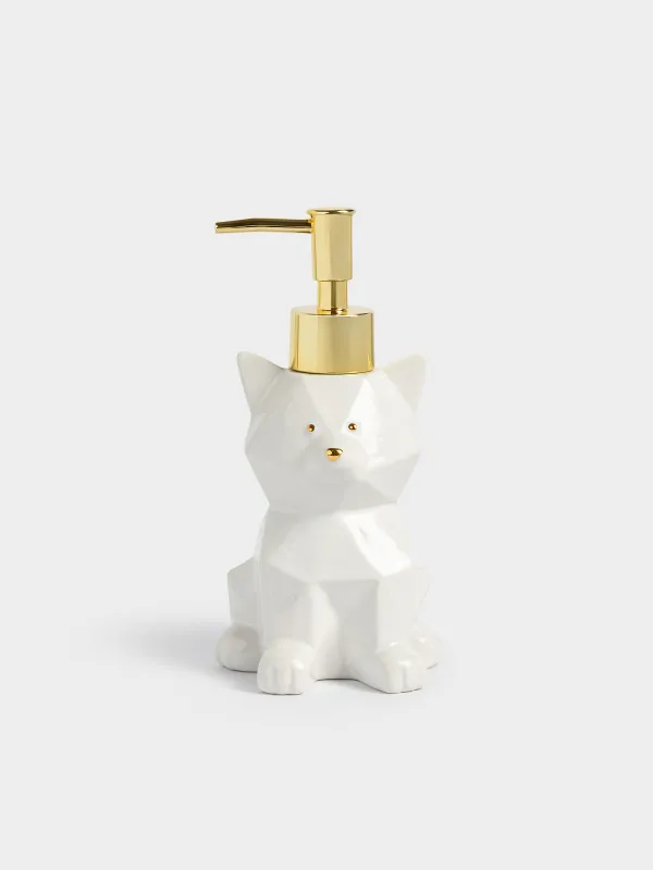 Liquid soap dispenser, 280 ml, ceramic / plastic, white and gold, Cat, Art modern, image-0
