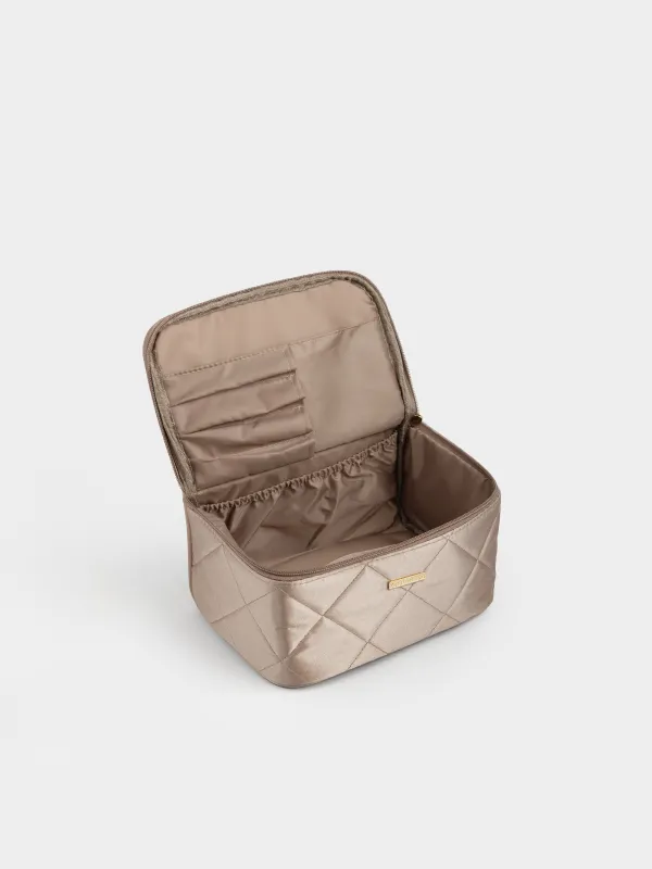 Makeup bag, 23x13 cm, quilted, with handle, satin, beige, Quilted silk, image-2