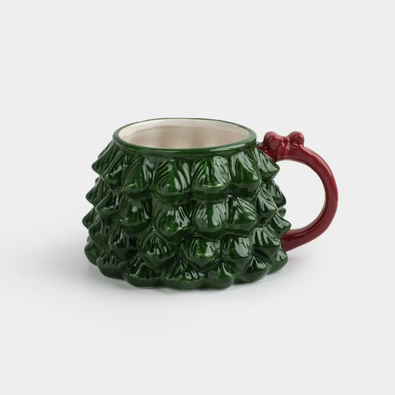 Mug, 500 ml, ceramic, green, Spruce with bow, Christmas traditions