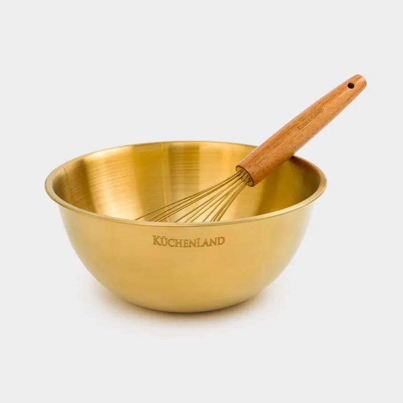 Baking set, 2 items, bowl / whisk, with measuring scale, steel / wood, golden, Classic gold