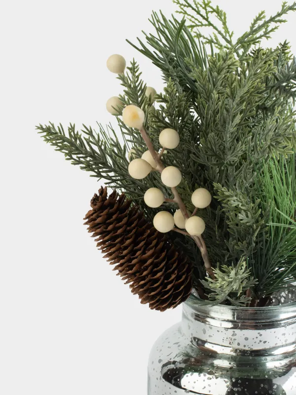 Decorative composition, 35 cm, potted, plastic / glass, Needles with beads, Conifer decor, image-1