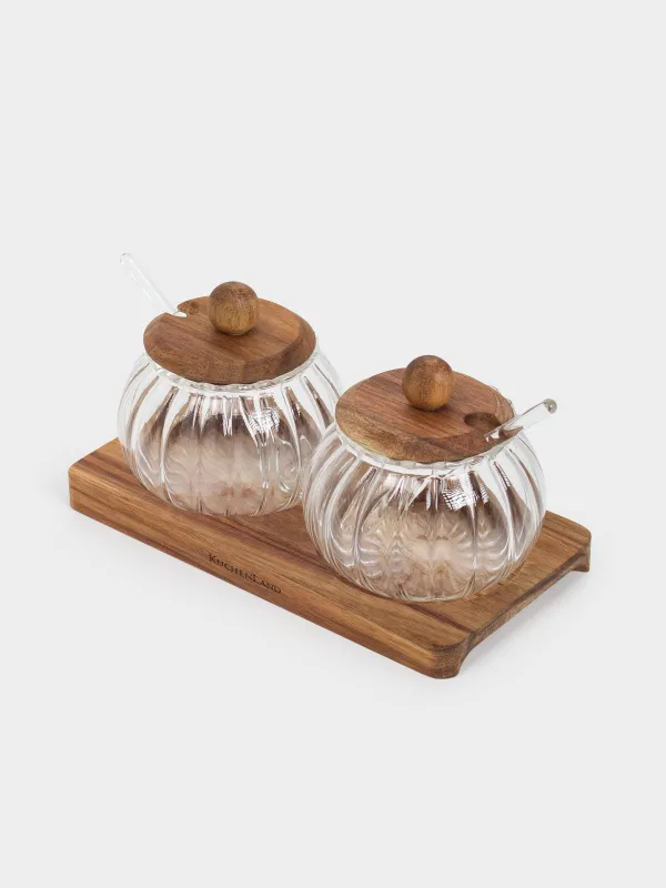 Jam bowl, 300 ml, 2 pcs, with spoon, on stand, glass / wood, Noble tree, image-1