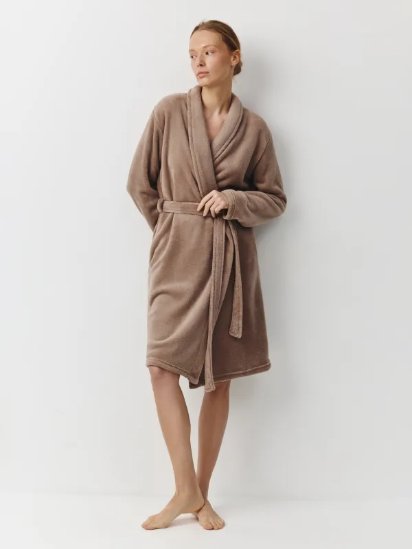 Women's robe, homewear, size L-XL, Long sleeve, polyester, mocha, Drew, image-1